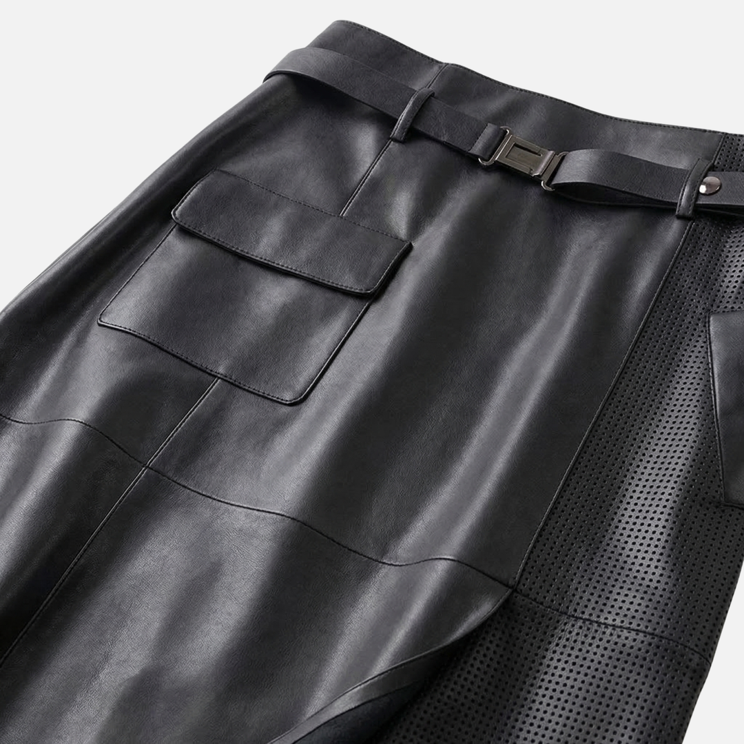 Asymmetrical High-Waist Skirt – Perforated Panel & Belt for Women