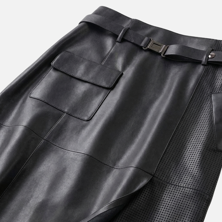 Asymmetrical High-Waist Skirt – Perforated Panel & Belt for Women