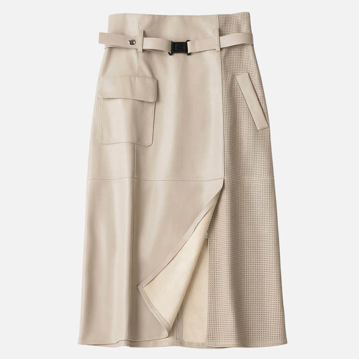 Asymmetrical High-Waist Skirt – Perforated Panel & Belt for Women