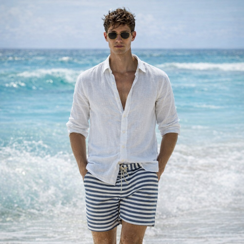 Linen Summer Shirt – Button-Down Roll-Up Sleeve for Men