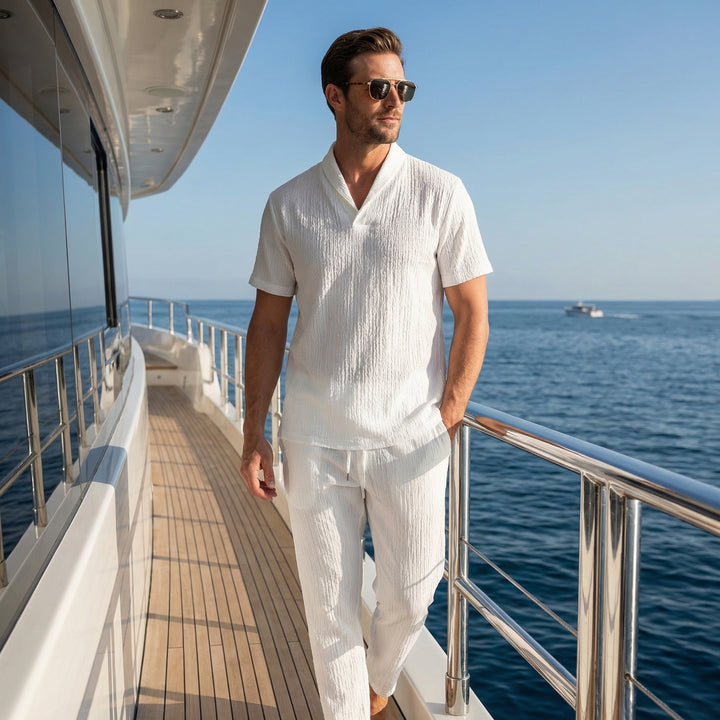Summer Linen Set with Drawstring Waist Pants for Men