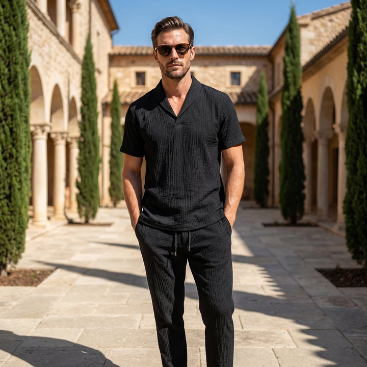 Summer Linen Set with Drawstring Waist Pants for Men