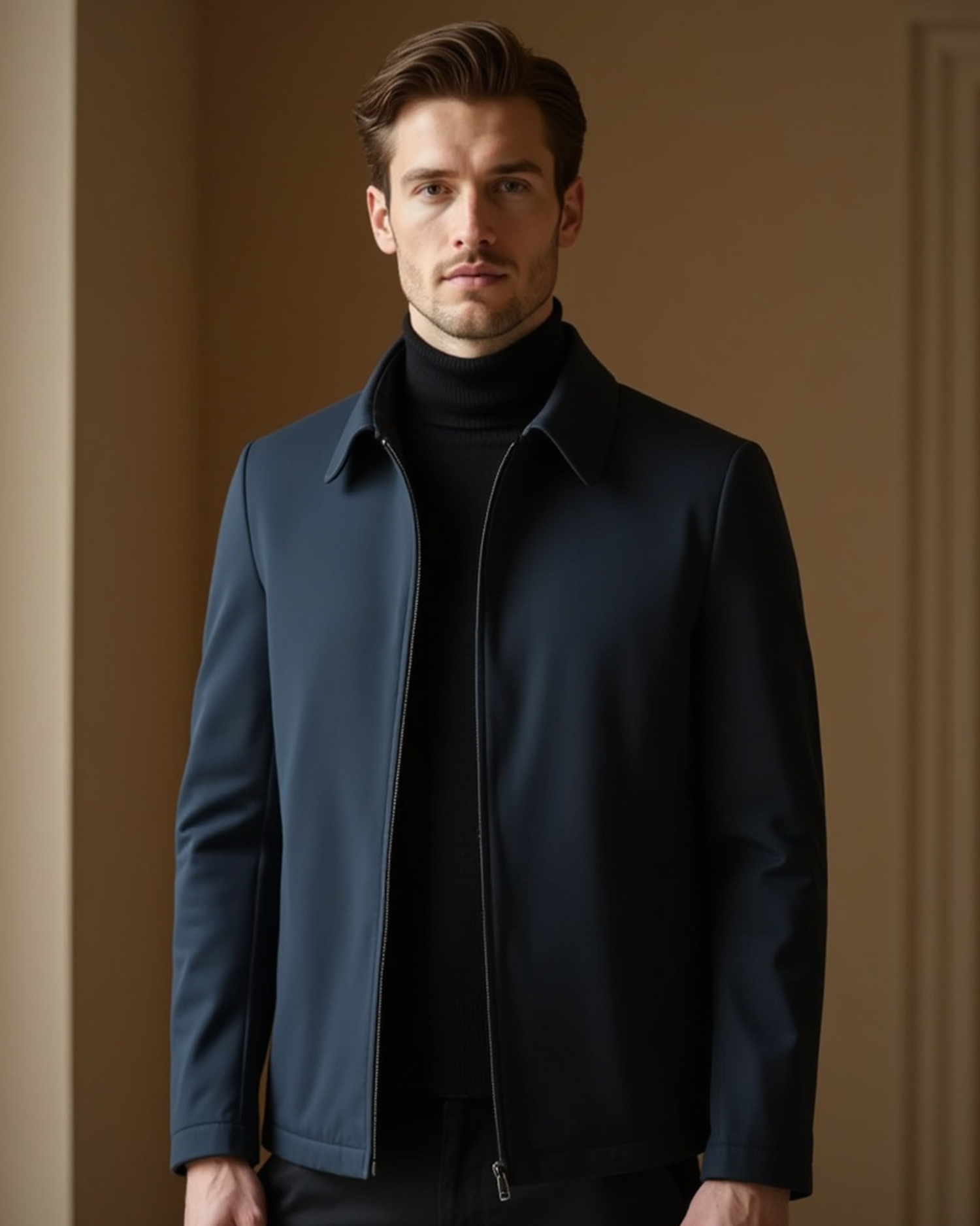 Casual Lightweight Jacket with High Collar – Zip Front Outerwear for Men