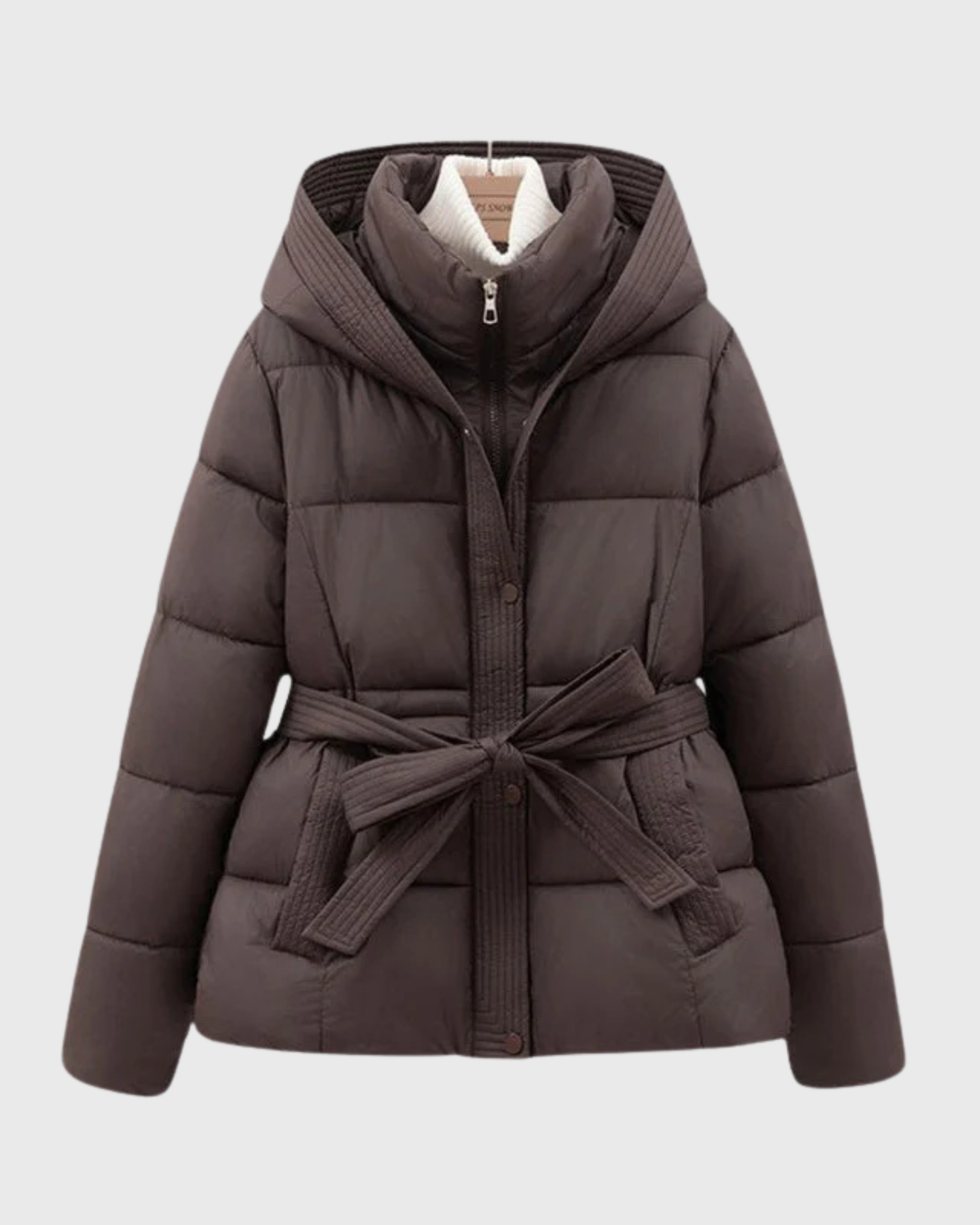 Winter Quilted Padded Jacket with Tie Belt – Mid-Length Coat for Women