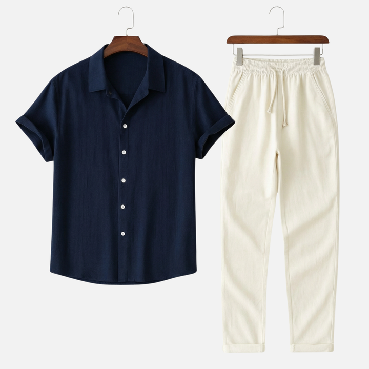Relaxed Fit Linen Set with Drawstring Waist for Men