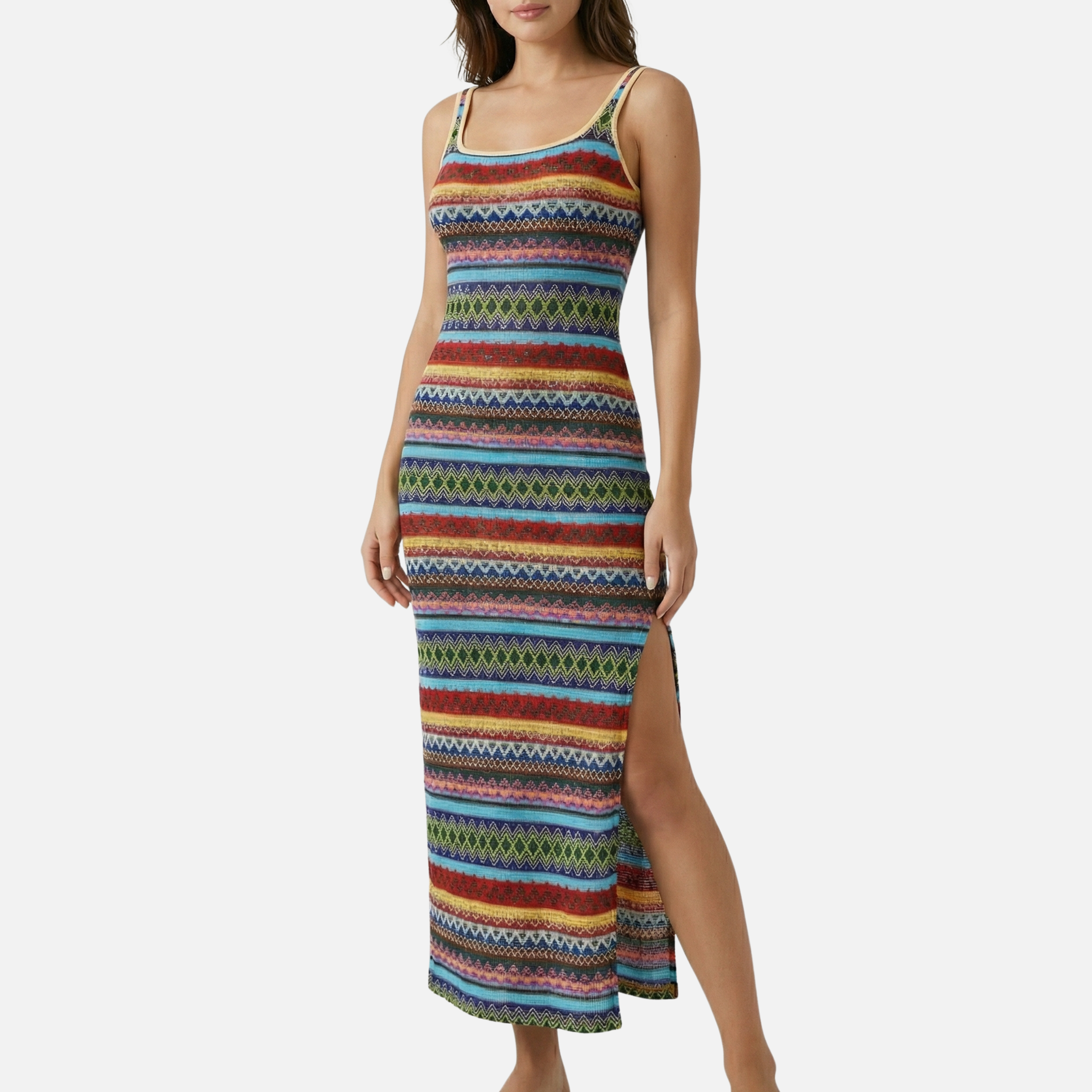Sleeveless Striped Maxi Dress with Side Slit for Women