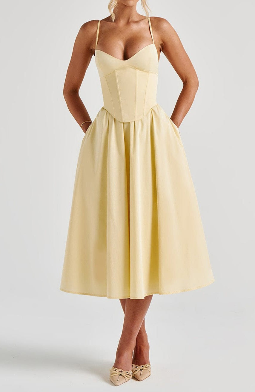 Yellow - A-Line Midi Dress with Sweetheart Neckline and Corset Bodice for Women
