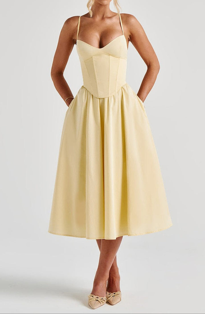 Yellow - A-Line Midi Dress with Sweetheart Neckline and Corset Bodice for Women