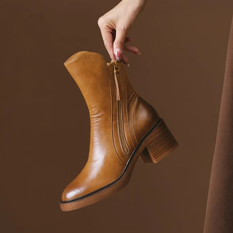 Brown - Ankle Boots with Block Heel Round Toe Tassel Side Zipper for Women