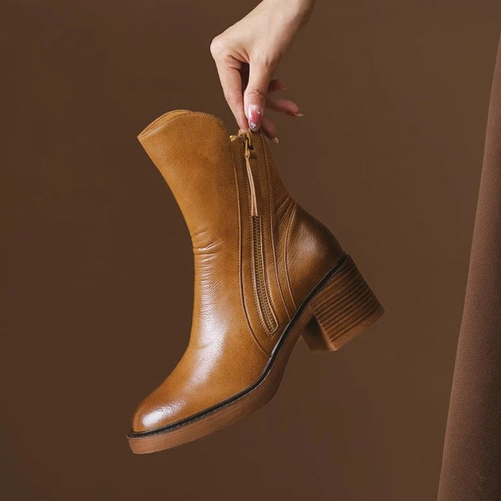 Brown - Ankle Boots with Block Heel Round Toe Tassel Side Zipper for Women