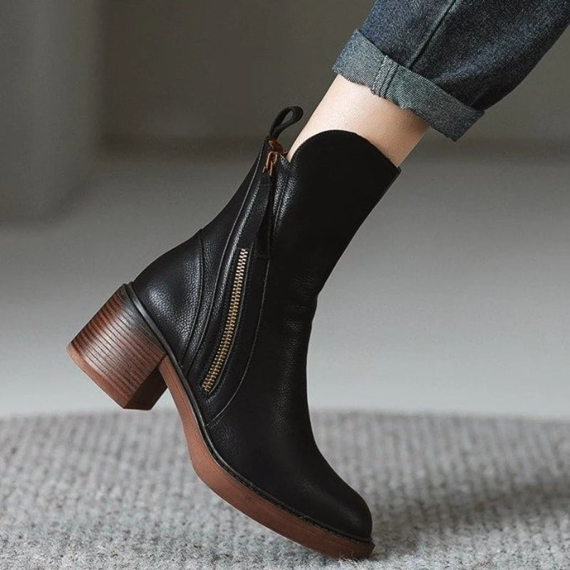 Black - Ankle Boots with Block Heel Round Toe Tassel Side Zipper for Women