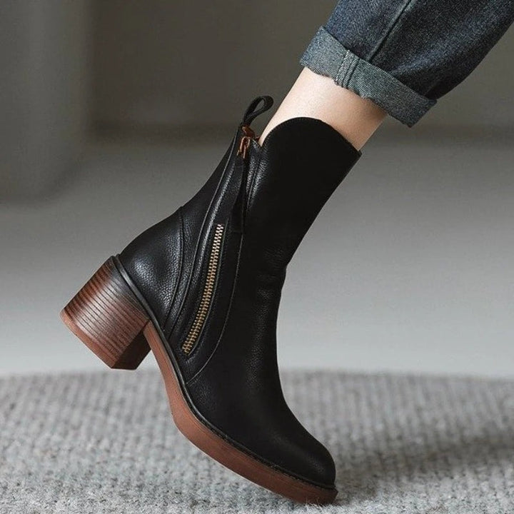 Black - Ankle Boots with Block Heel Round Toe Tassel Side Zipper for Women