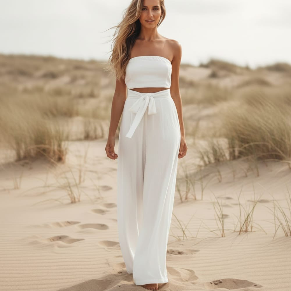 White - Backless Bohemian Romper with Sleeveless V-Neck and Plus-Size Fit for Women