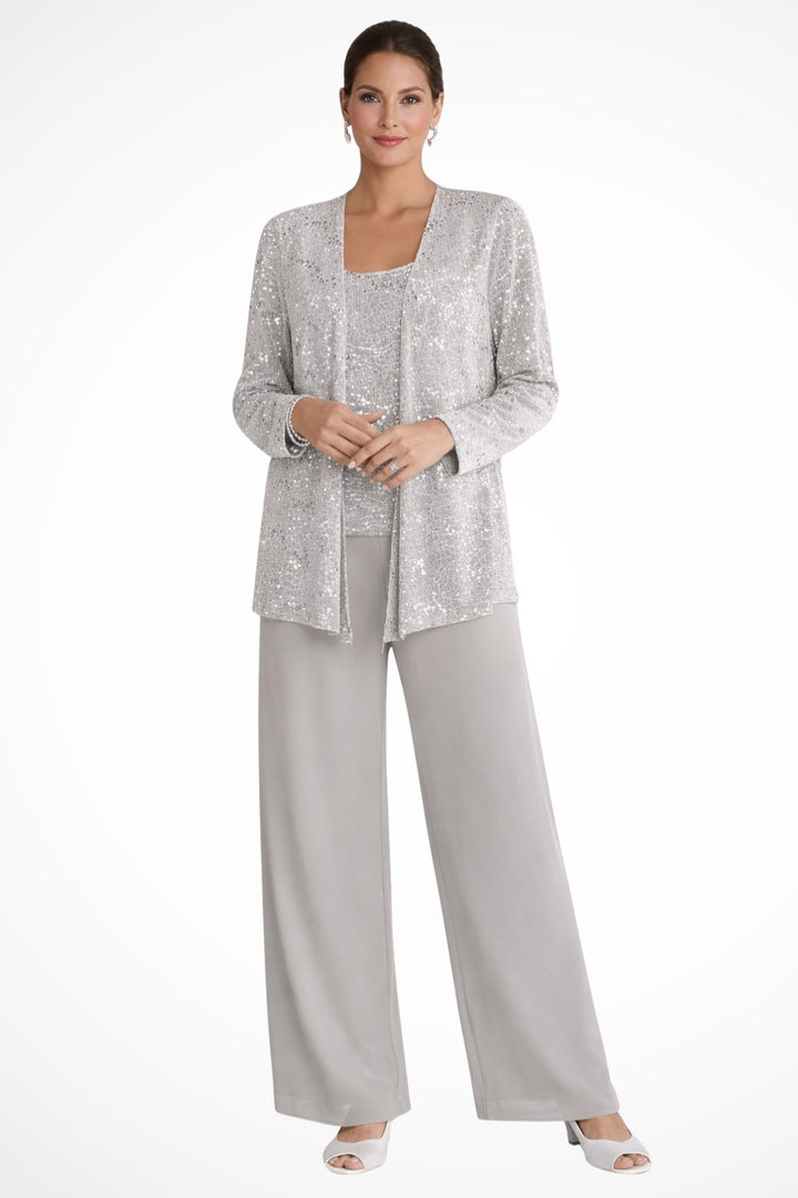 Sequin Lace Three-Piece Jacket Suit with Wide-Leg Trousers for Women
