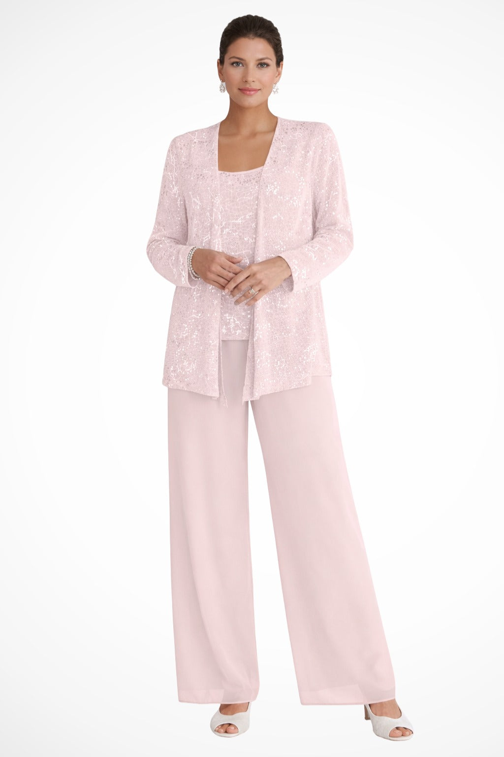 Sequin Lace Three-Piece Jacket Suit with Wide-Leg Trousers for Women