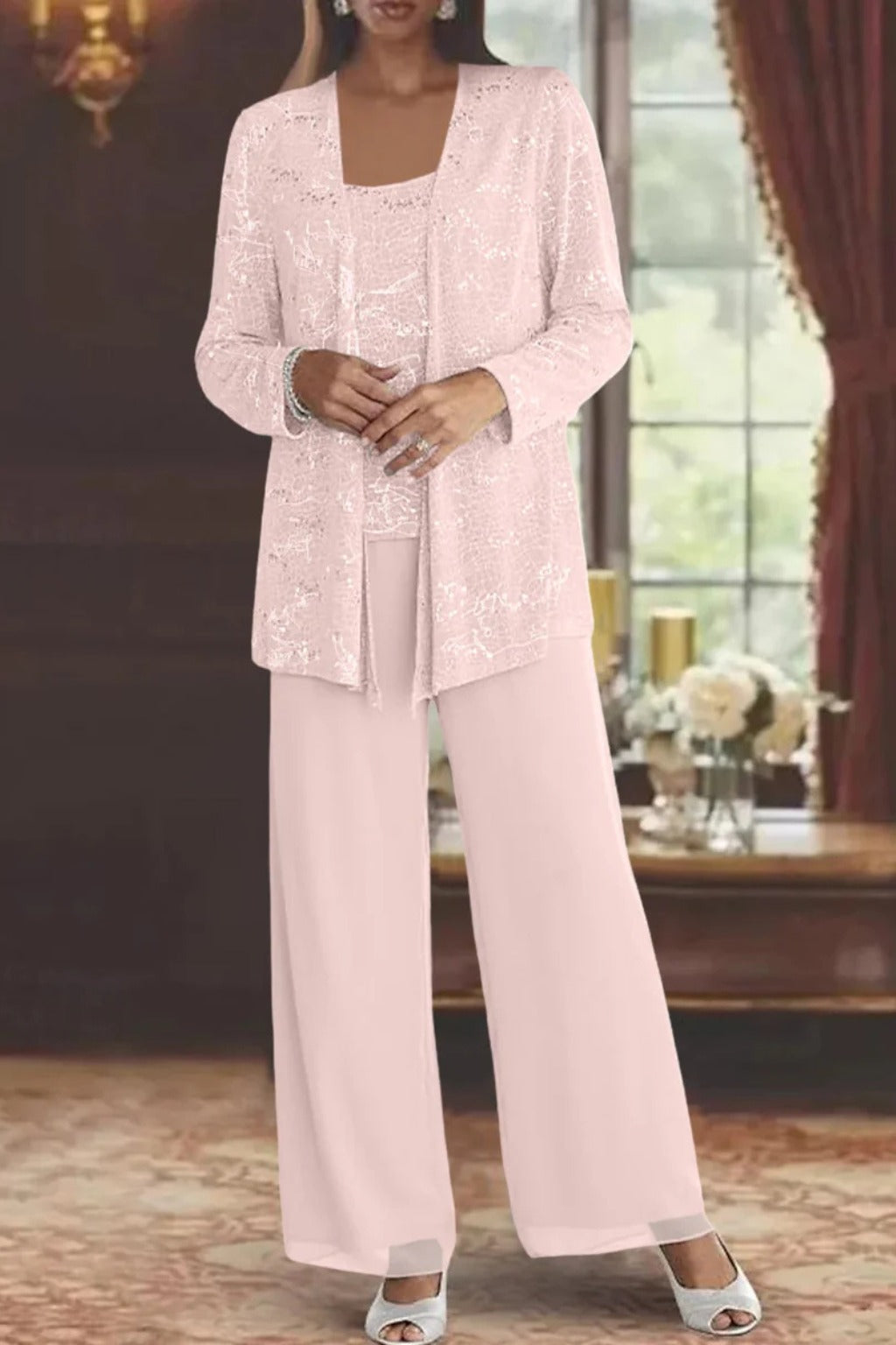 Sequin Lace Three-Piece Jacket Suit with Wide-Leg Trousers for Women