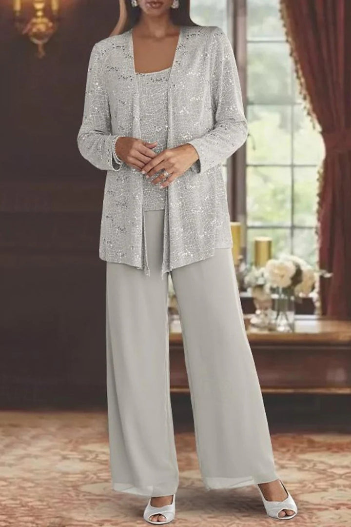 Sequin Lace Three-Piece Jacket Suit with Wide-Leg Trousers for Women