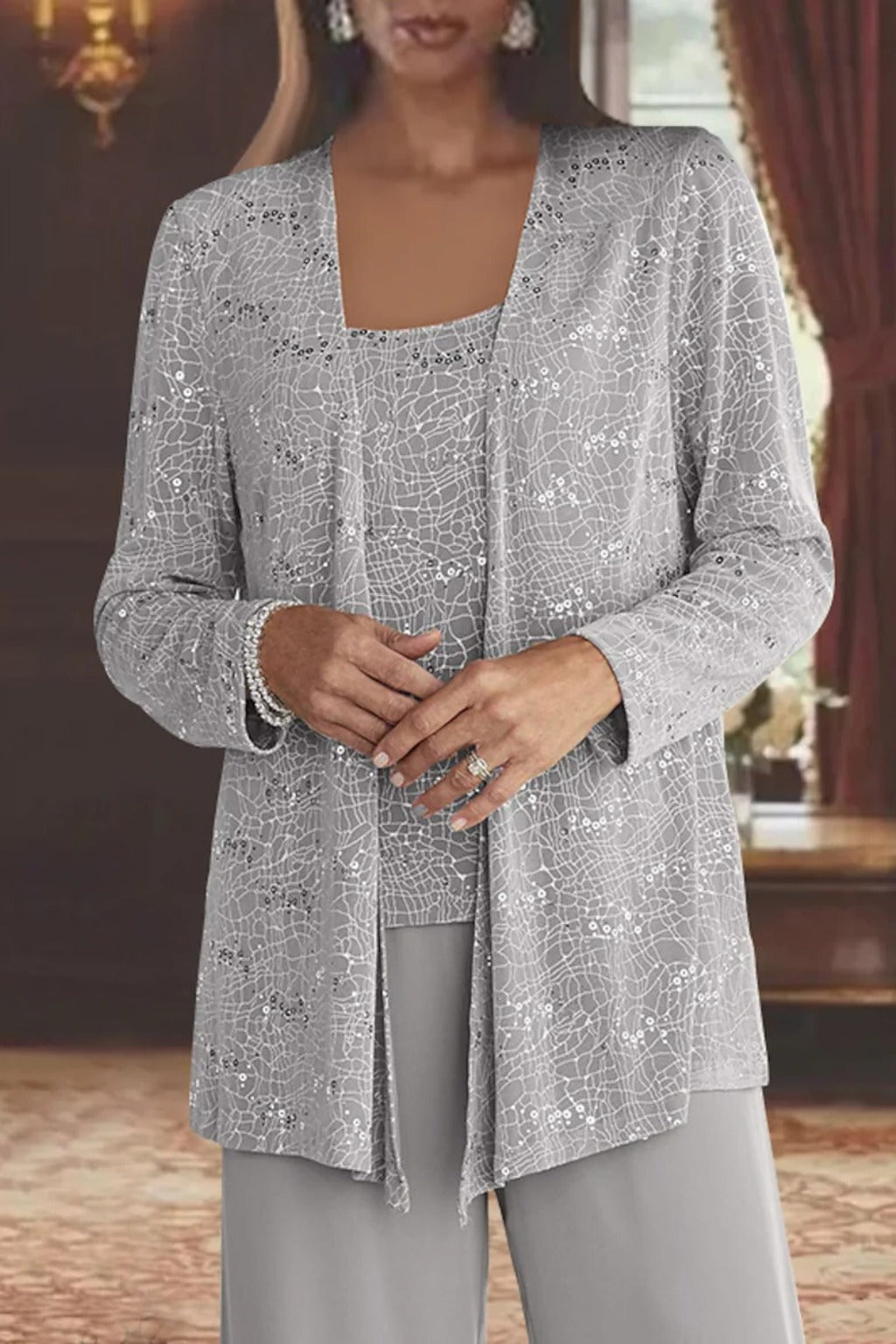 Sequin Lace Three-Piece Jacket Suit with Wide-Leg Trousers for Women