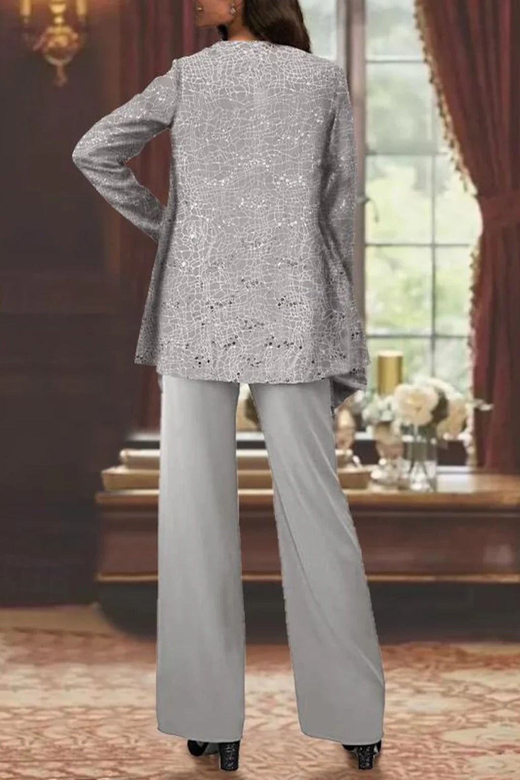 Sequin Lace Three-Piece Jacket Suit with Wide-Leg Trousers for Women