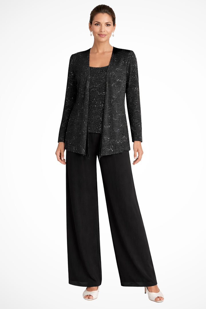 Sequin Lace Three-Piece Jacket Suit with Wide-Leg Trousers for Women