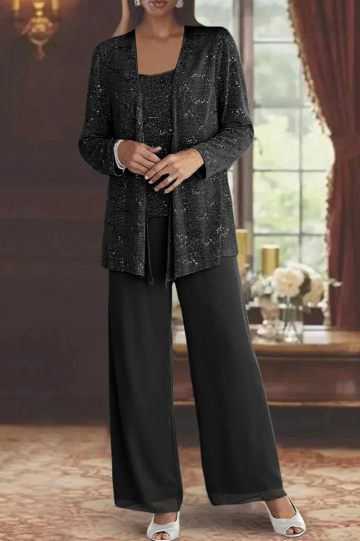 Sequin Lace Three-Piece Jacket Suit with Wide-Leg Trousers for Women