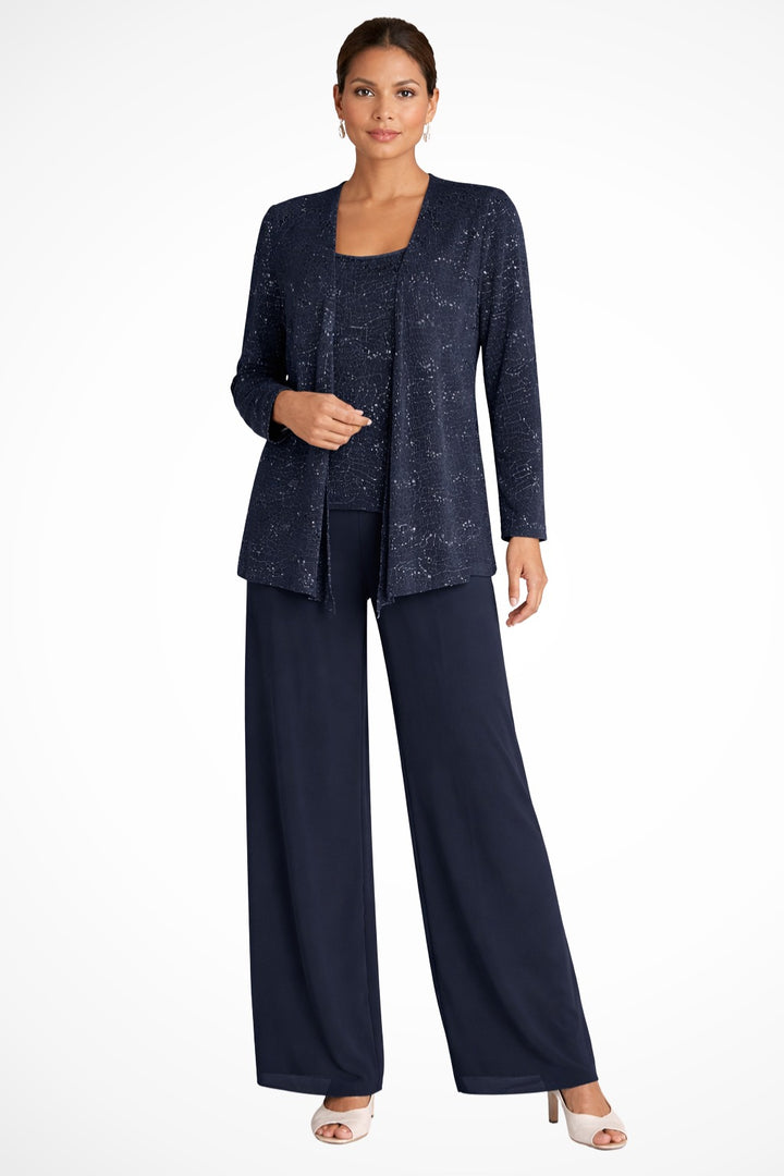 Sequin Lace Three-Piece Jacket Suit with Wide-Leg Trousers for Women