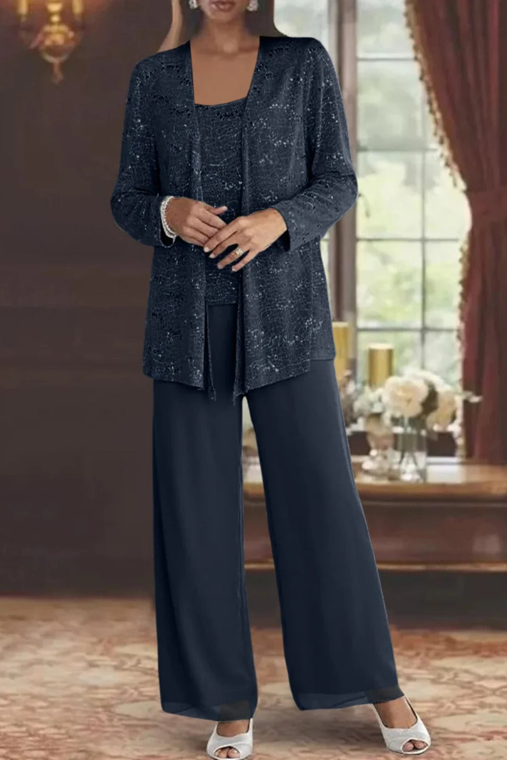 Sequin Lace Three-Piece Jacket Suit with Wide-Leg Trousers for Women