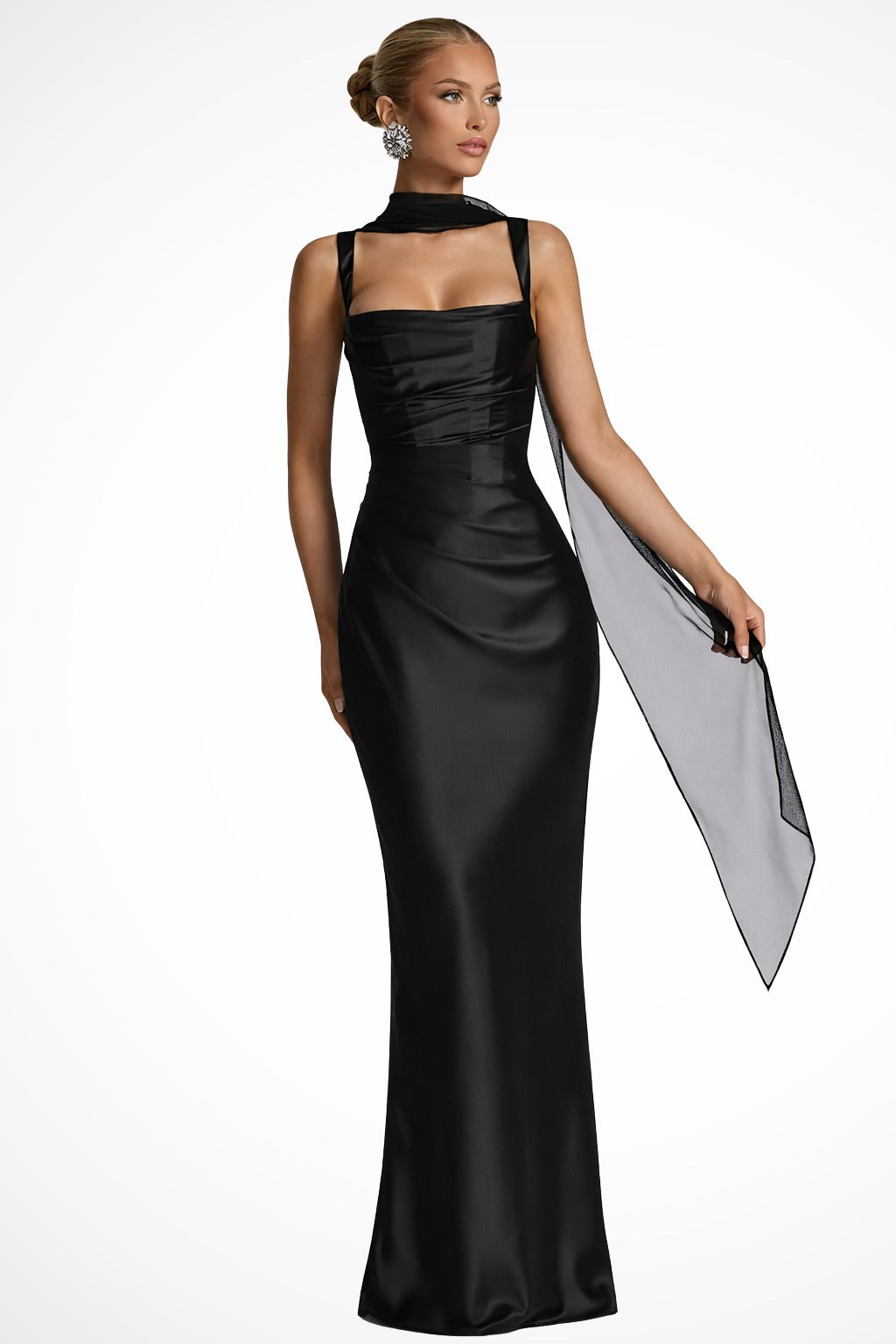 Black - Satin Wedding Guest Dress with Square Neck and Ruched Detail for Women