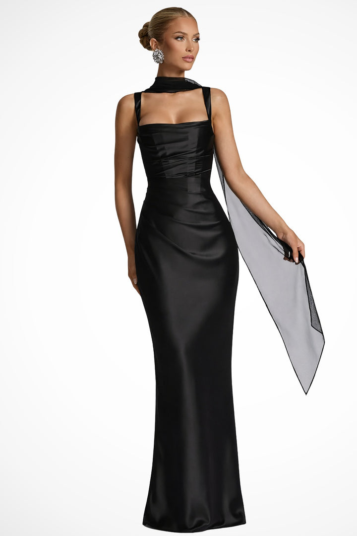 Black - Satin Wedding Guest Dress with Square Neck and Ruched Detail for Women