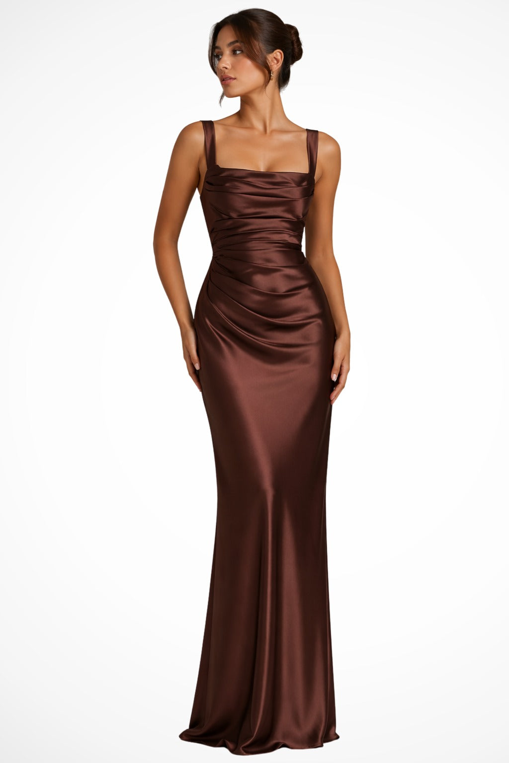Brown - Satin Wedding Guest Dress with Square Neck and Ruched Detail for Women