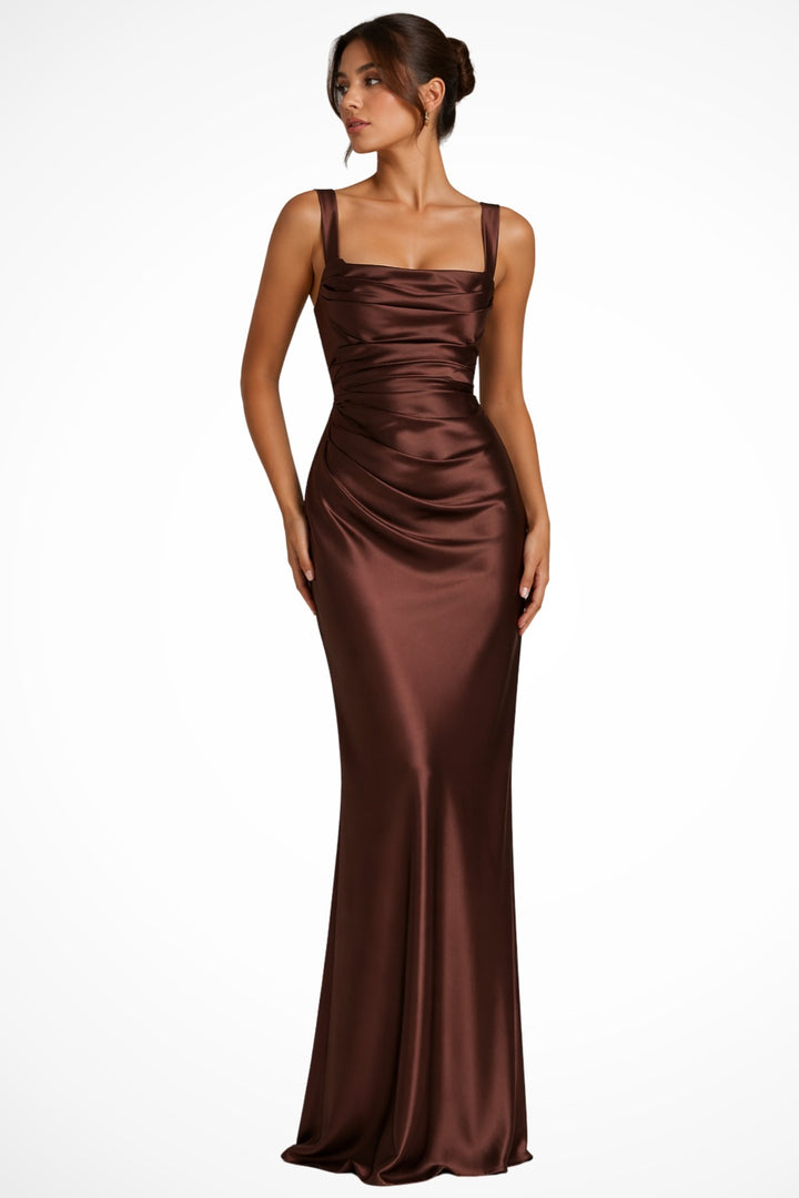 Brown - Satin Wedding Guest Dress with Square Neck and Ruched Detail for Women