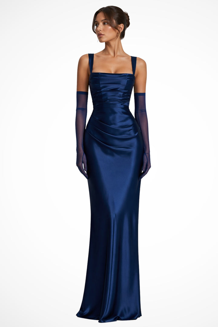 Navy Blue - Satin Wedding Guest Dress with Square Neck and Ruched Detail for Women