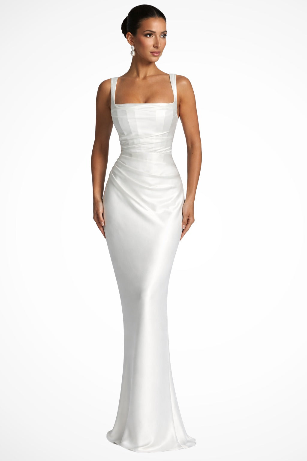 White - Satin Wedding Guest Dress with Square Neck and Ruched Detail for Women
