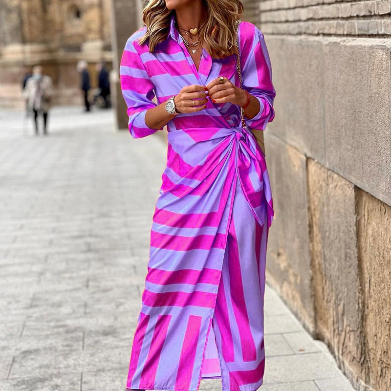 Purple Pink Stripe - Striped Shirt Dress Maxi Dress Cotton for Women