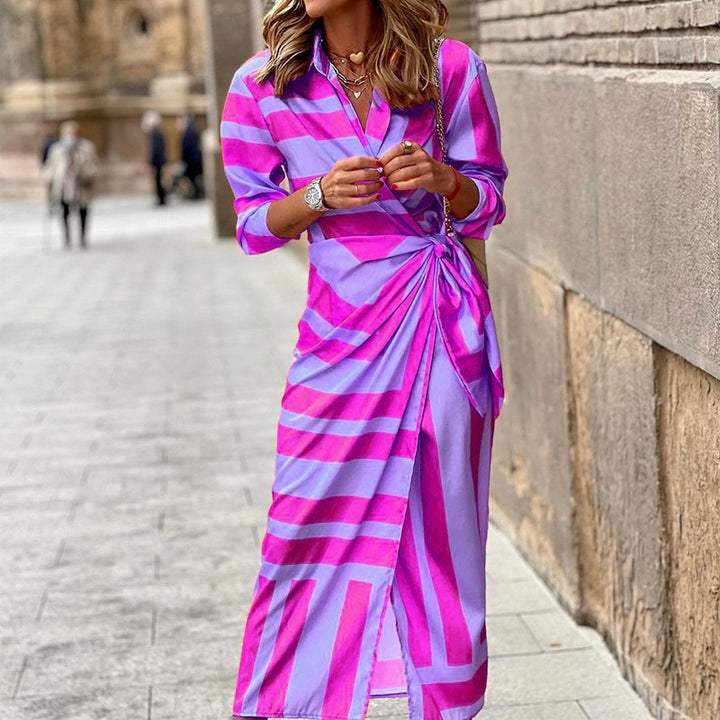 Purple Pink Stripe - Striped Shirt Dress Maxi Dress Cotton for Women