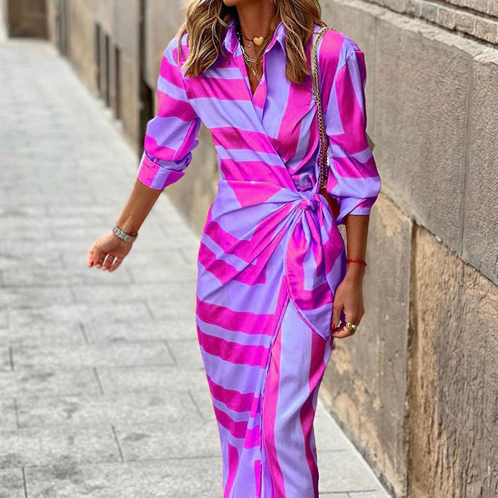 Pink Purple Stripe - Striped Shirt Dress Maxi Dress Cotton for Women