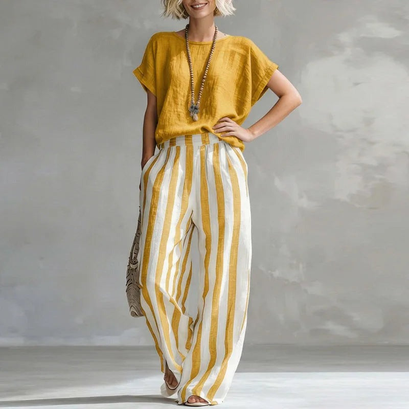 Yellow - Women's Linen Summer Set with Short Sleeve Top and Wide-Leg Trousers