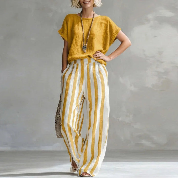 Yellow - Women's Linen Summer Set with Short Sleeve Top and Wide-Leg Trousers