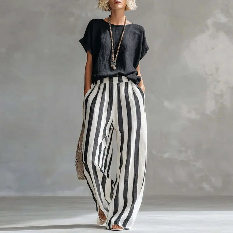 Black - Women's Linen Summer Set with Short Sleeve Top and Wide-Leg Trousers