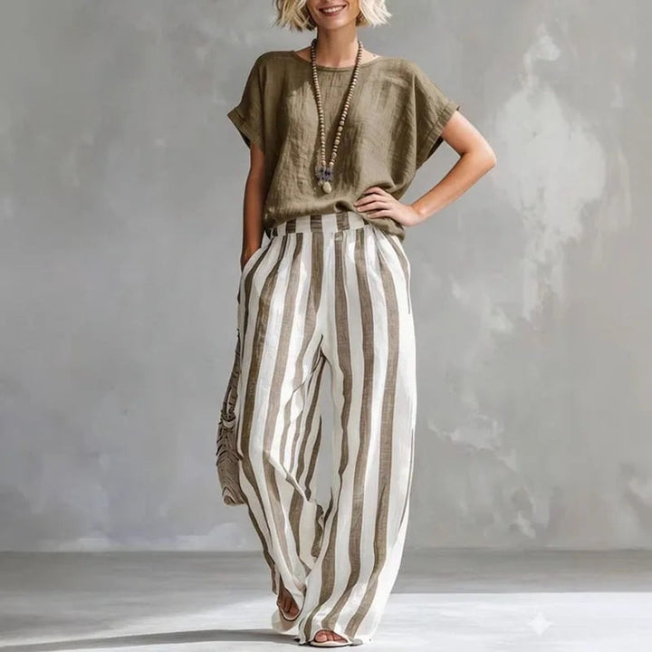 Khaki - Women's Linen Summer Set with Short Sleeve Top and Wide-Leg Trousers