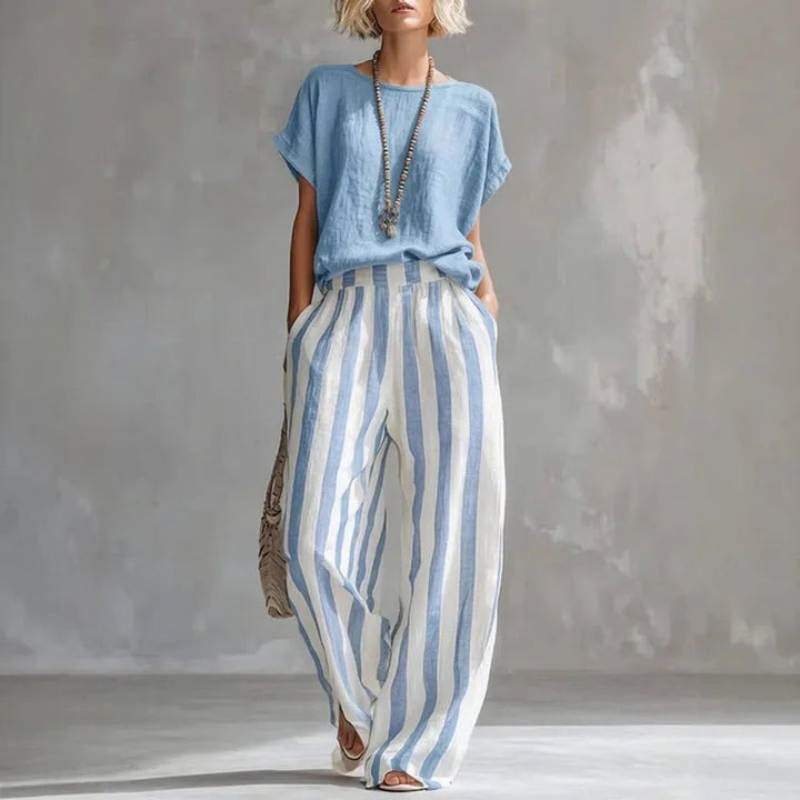 Sky Blue - Women's Linen Summer Set with Short Sleeve Top and Wide-Leg Trousers