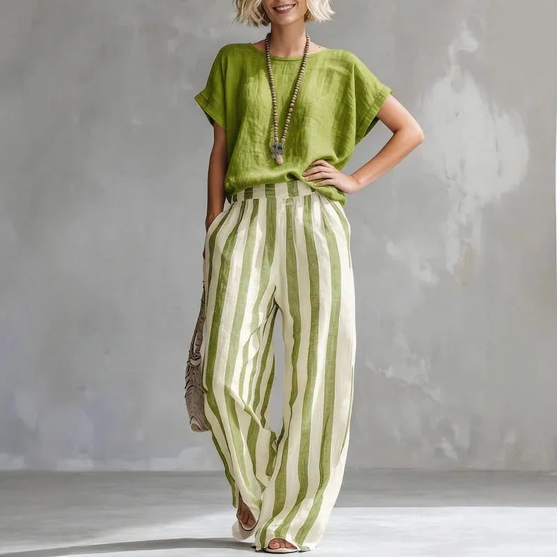 Green - Women's Linen Summer Set with Short Sleeve Top and Wide-Leg Trousers