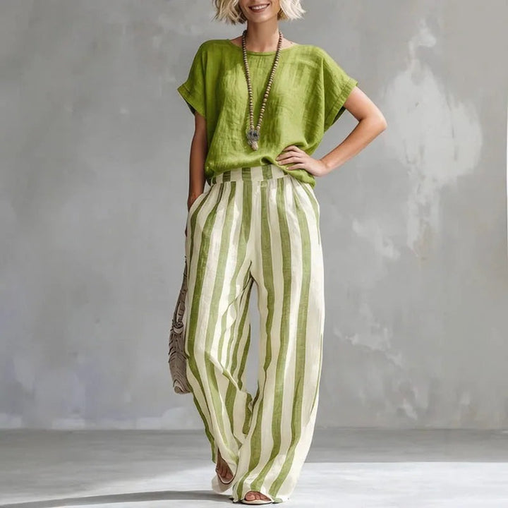 Green - Women's Linen Summer Set with Short Sleeve Top and Wide-Leg Trousers