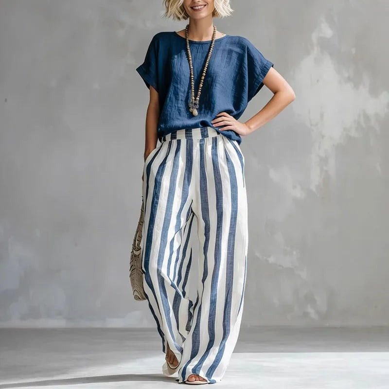 Dark Blue - Women's Linen Summer Set with Short Sleeve Top and Wide-Leg Trousers