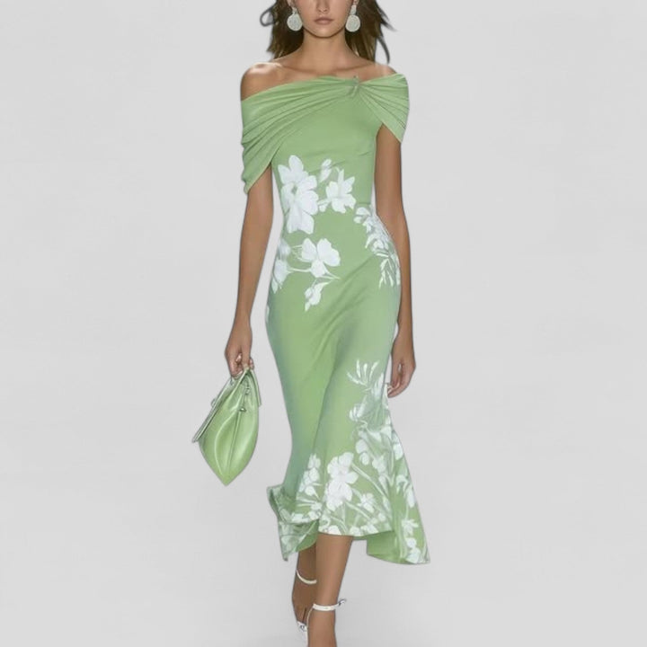 Green - Women's Printed Midi Dress with Statement Pattern and Relaxed Silhouette