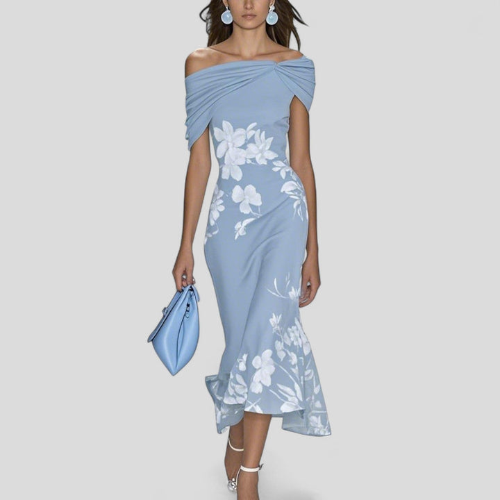Blue - Women's Printed Midi Dress with Statement Pattern and Relaxed Silhouette