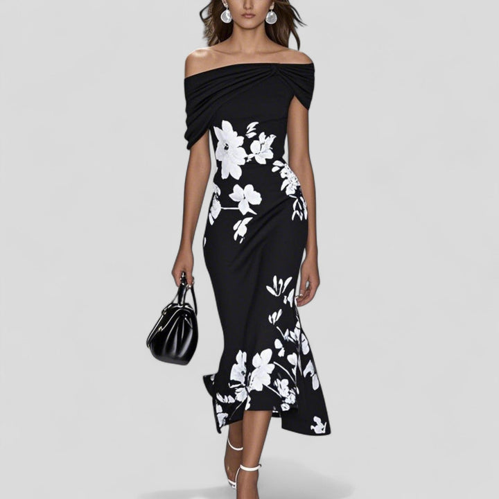 Black - Women's Printed Midi Dress with Statement Pattern and Relaxed Silhouette